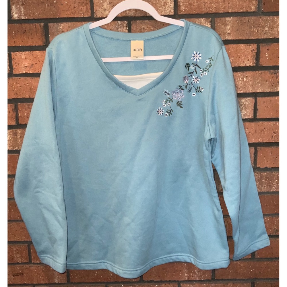 Blair Womens Light Blue Floral Embroidered Double V-Neck Sweatshirt Size PM